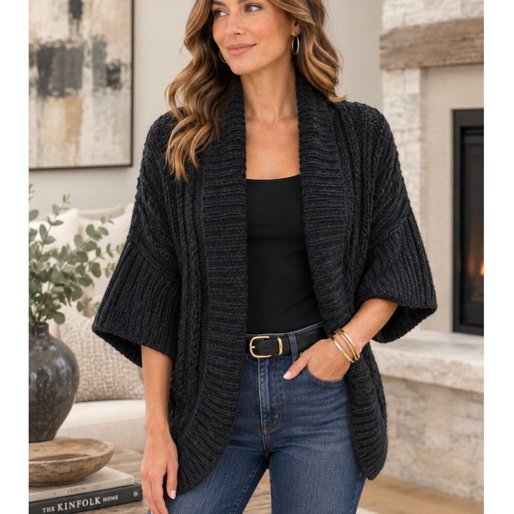 Trina Turk Alpaca Cardigan Womens P Black Cable Knit Lurex Made Peru Luxury